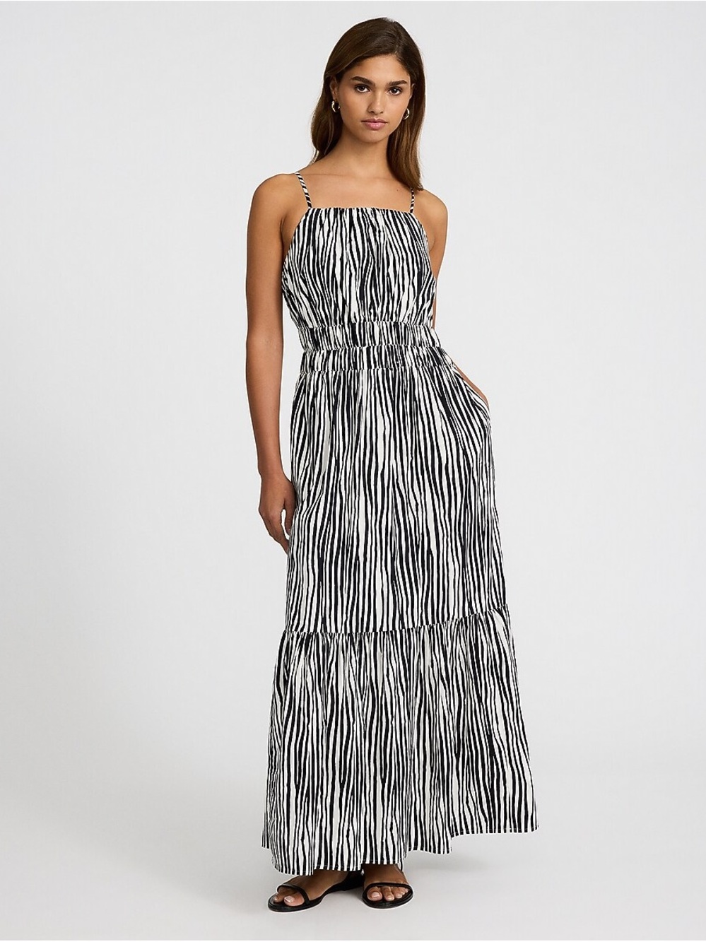 Poplin Striped Zebra Sleeveless Smocked Tiered Maxi Dress with Pockets XS